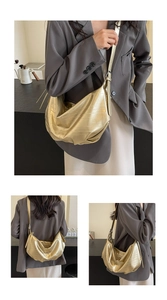 Detailed views of the large gold hobo bag with textured metallic leather and wide strap