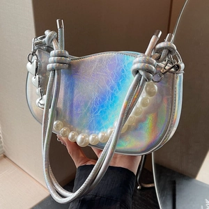 Women Fashion PU Leather Underarm Bag With Faux Pearl And Heart Charm Metallic Holographic Silver Gold Shoulder Bag