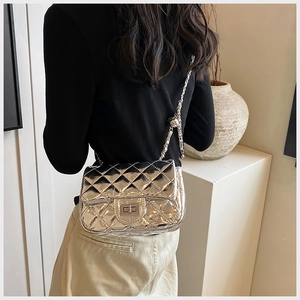 Detail of silver metallic quilted chain bag showing the turn-lock closure and texture