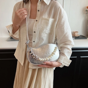 Chic silver half-moon shoulder bag for women with pearl and heart chain decoration