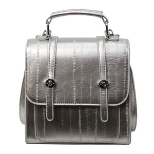 Metallic silver backpack with vertical textured lines and top handle in a sleek design