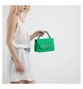 Detail of light green leather handbag featuring a gold metallic twist lock and top handle