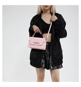 Model showcasing a pale pink rectangular handbag with gold metal clasp and crossbody strap