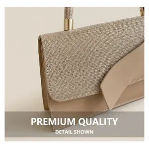 Detail of beige flap bag featuring glitter woven fabric and gold metallic hardware