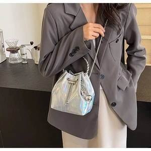 Silver laser holographic drawstring bucket bag with metal chain strap and round ring handle