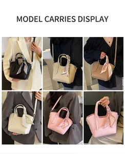 Minimalist leather bucket bag shown in multiple carrying styles with floral scarf handle
