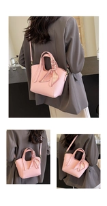 Collage of a pink lychee leather handbag with decorative silk scarf and shoulder strap