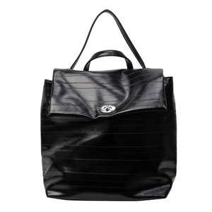 Minimalist black glossy backpack with striped embossing and silver metallic lock detail