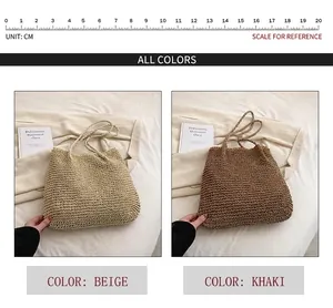 Detail of woven straw tote bags in beige and khaki showing the handmade crochet texture