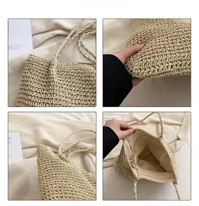 Close-up of the handcrafted straw weave texture and interior fabric lining of the tote bag