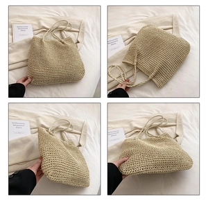 Detail shots of beige woven tote bag showing texture, side profile and base construction