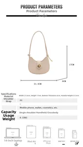 Detailed size specifications for beige half-moon shoulder bag with golden lock