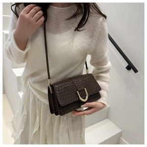Detail of dark brown woven shoulder bag with gold horseshoe buckle worn on model