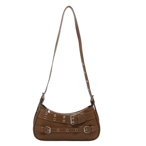 Brown vintage motorcycle style shoulder bag with leather belt buckles and silver eyelets