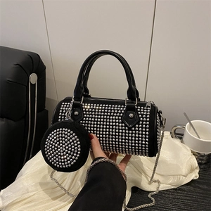 Strass Besetzte Zylindertasche Aus PU Leder Umhängetasche Mit Rundem Kleingeldfach Charm Für Damen Mode Stil