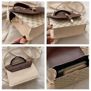 Detailed four-view of contrast handbag showing interior capacity and golden hardware