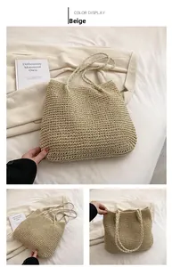 Detail of beige straw tote bag with fine weaving craftsmanship and shoulder strap