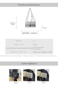 Dimensions du sac bandoulière matelassé 24x14x7cm et détails de la matière du sac en PU