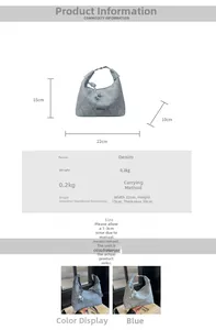 Denim dumpling bag details showing 22x15x10cm size and shoulder carrying options