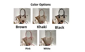Farbvarianten der geflochtenen Eimertaschen in Braun, Khaki, Schwarz, Rosa und Weiß