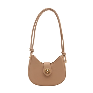 Modern beige half-moon shoulder bag with knot details and a round gold metal lock