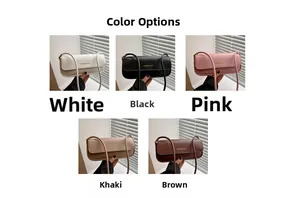 Vue détaillée de cinq sacs baguette en blanc, noir, rose, kaki et marron avec texte doré