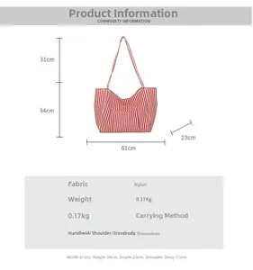 Detailed size chart for red and white striped nylon tote bag with specific dimensions