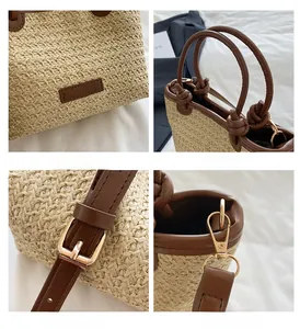 Détails du sac seau en paille avec anses en cuir et garnitures métalliques réglables