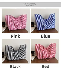 Detailed grid view of striped canvas tote bags in pink, blue, black, and red colors