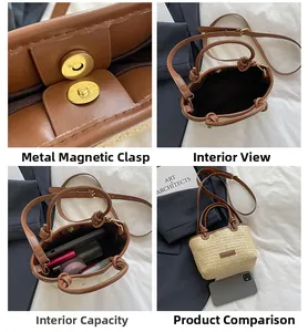 Détail de la boucle magnétique et de l'espace intérieur du sac seau en paille tressée