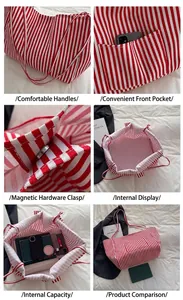 Detail view of striped canvas tote showing front pocket, magnetic clasp and large interior