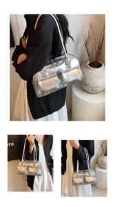 Silver PU hobo bag with double front pockets and metallic finish for a Y2K trendy look