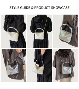 Detail shots of stylish mini bags featuring silver holographic and cream white finishes