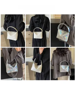 Detail shots of stylish mini bags featuring silver holographic and cream white finishes