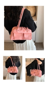 Pink PU leather shoulder bag featuring double front magnetic pockets and silver hardware