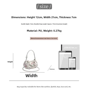 Size chart showing 21x12x7cm dimensions and PU material for the embroidered handbag