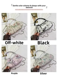 Four variations of vintage jacquard handbags in off-white, black, purple, and silver