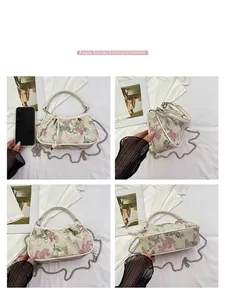 Detail view of floral embroidery bag showing front, side, back and bottom structure