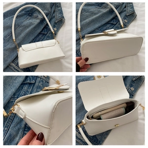 Detailed views of white soft leather underarm bag featuring metal buckle and spacious interior