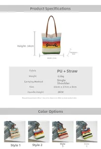 Détail du sac cabas en paille rayé avec broderie Summer et dimensions précises
