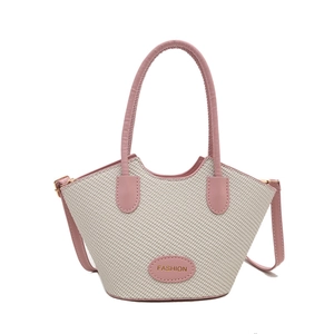 Sac seau chic en paille pour femme avec finitions en cuir rose et bandoulière