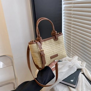 Sac à Main En Paille Pour Femmes Décor De Nœud En Cuir PU Seau Vacances Plage Sac à Bandoulière Pour Le Quotidien