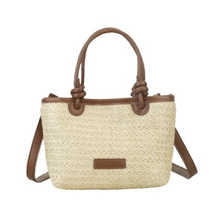 Sac seau en paille avec poignées et bandoulières en cuir marron pour l'été