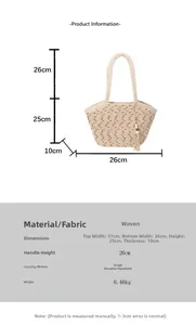 Detailed size chart of woven cotton rope tote bag with dimensions and wooden bead tassel