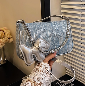 Women's Sequin Denim Underarm Bag Trendy Silver Chain Shoulder Bag Y2K Style Rhinestone Versatile Crossbody Bag With Pendant