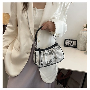 Detailed view of ink painting pattern and pleated texture on Chinese style handbag