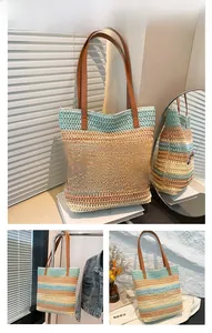 Close-up of a large capacity straw tote bag with colorful stripes and SUMMER embroidery