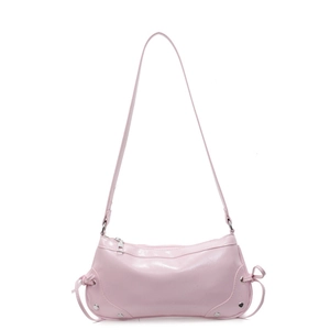 Pink faux leather tote bag with metallic finish featuring bow details and silver rivets
