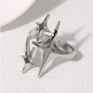 Minimalist silver stainless steel ring with starburst design on a neutral background