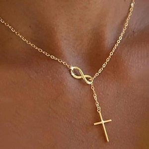 Collana a Y dorata con ciondolo simbolo dell'infinito e croce su una catena sottile